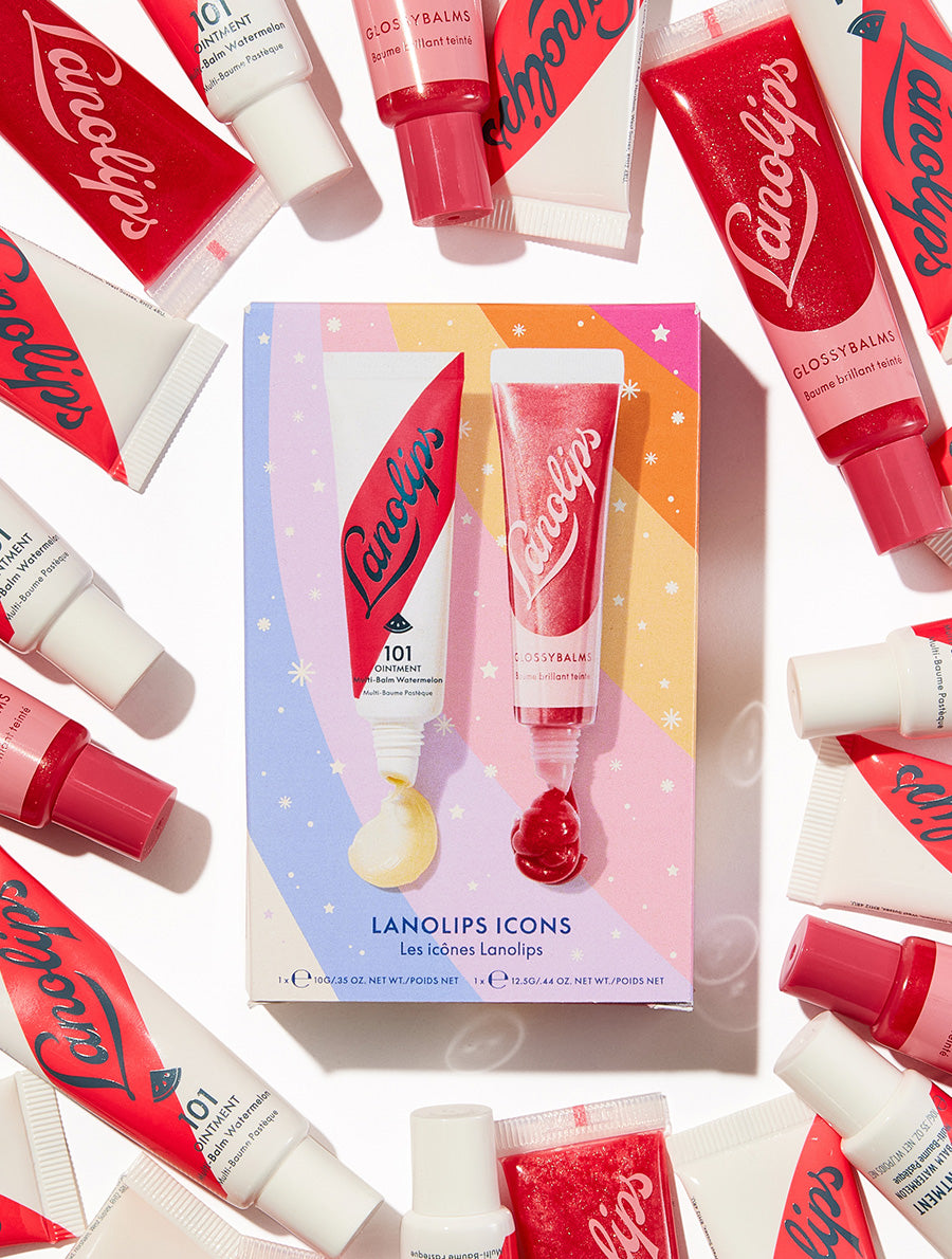 Share the glow of ultimate hydration this holiday season with our Lanolips Icons Duo. Contains our best selling 101 Ointment Watermelon and Glossy Balm Candy.