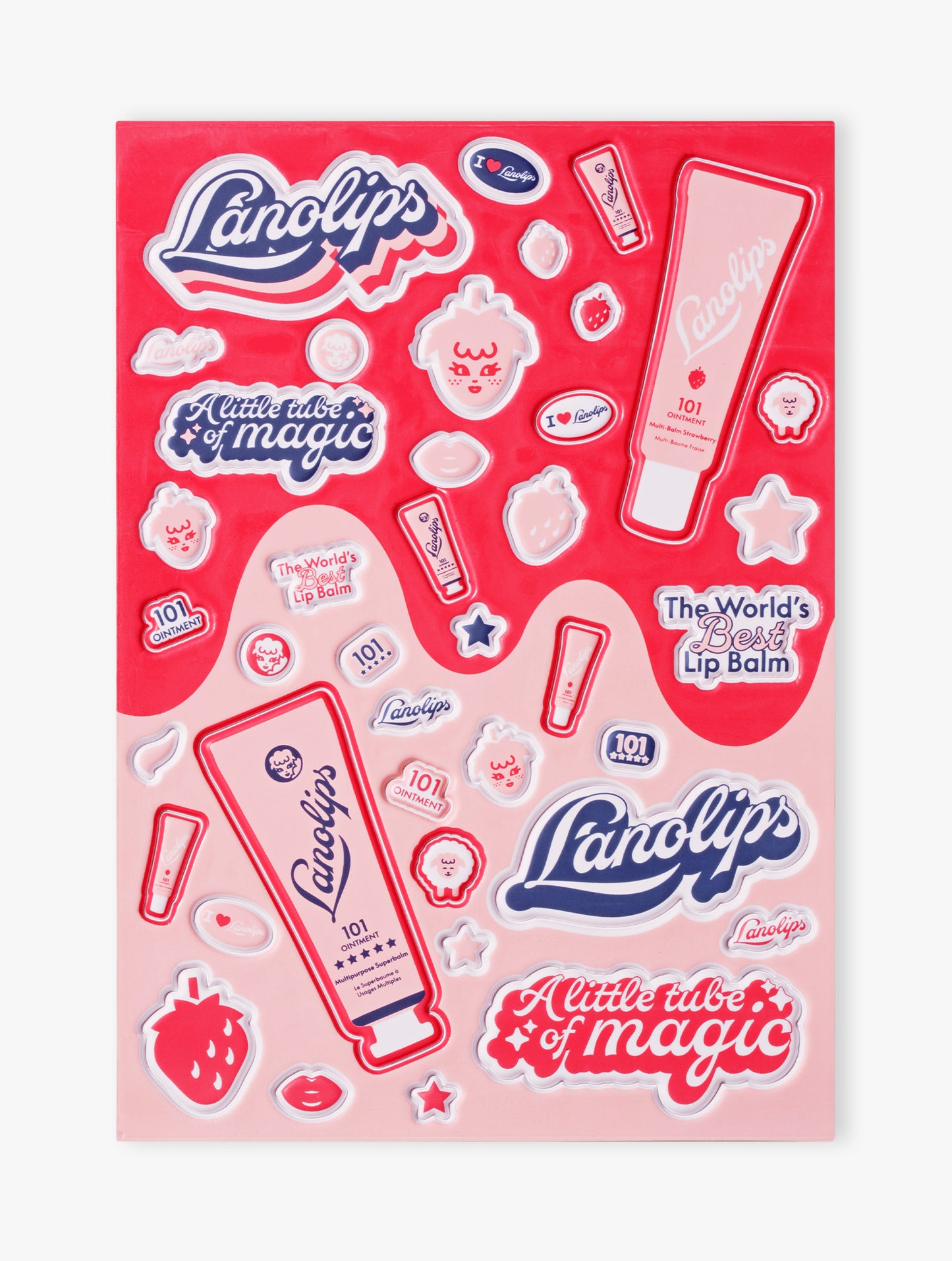 Puffy sticker sheet with Lanolips logos, stars, strawberries, lips, and 101 Ointment Strawberry & Original Superbalm tube designs.