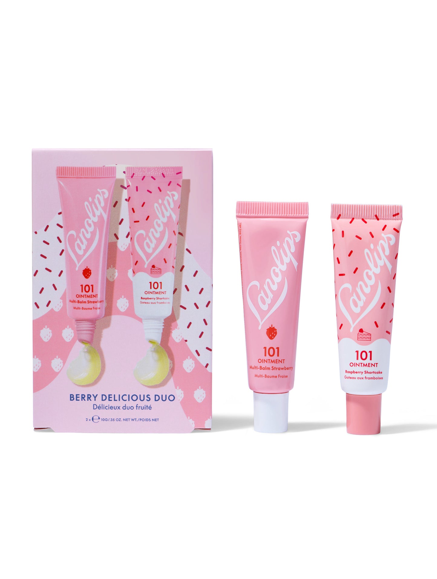 Product shot of the Lanolips Berry Delicious Duo, with a tube of 101 Ointment Multi-Balm Strawberry and Raspberry Shortcake on the side of the box. The duo is part of the holiday gift set range, berry infused bliss with every application.