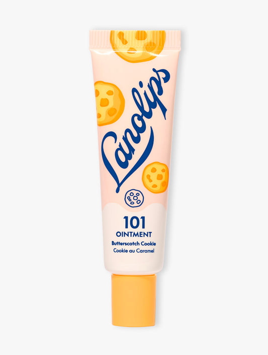 Product shot of the Lanolips 101 Ointment Multi-Balm Butterscotch Cookie. Part of the 101 Delicious collection, it's made with rich lanolin, vitamin E and all-natural flavours to nourish dry lips.