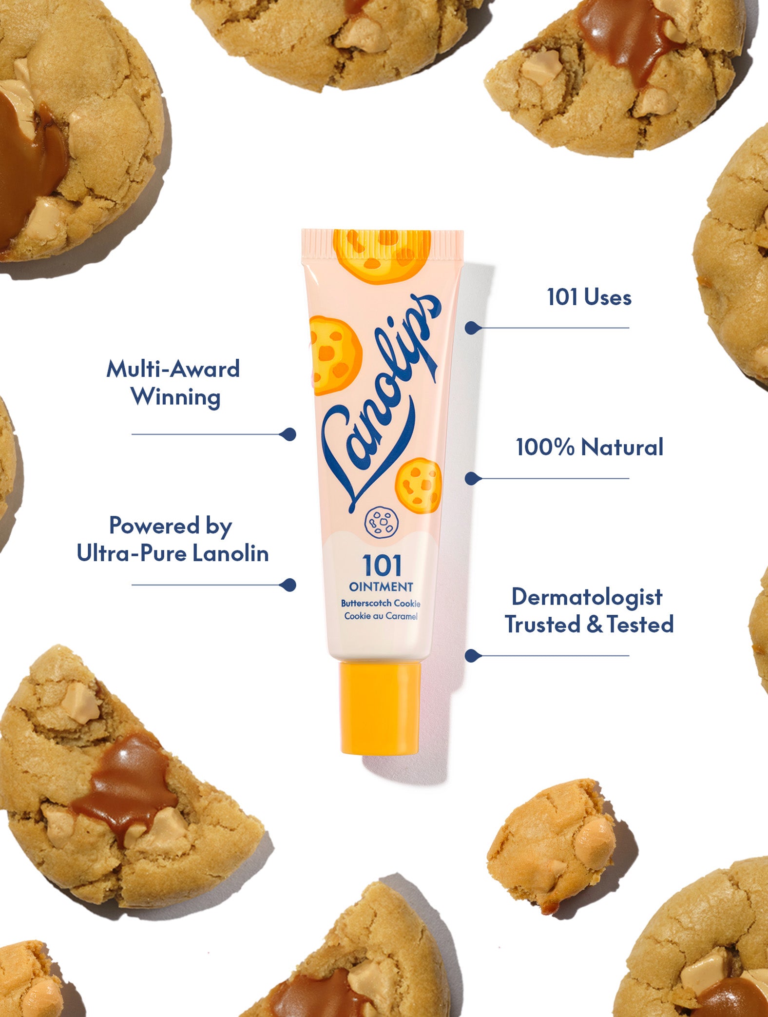 Lanolips 101 Ointment Multi-Balm in Butterscotch Cookie flavour from the 101 Delicious collection. Infographic highlighting 100% natural, ultra-pure lanolin, dermatologist tested, and 101 uses, surrounded by gooey caramel biscuits.